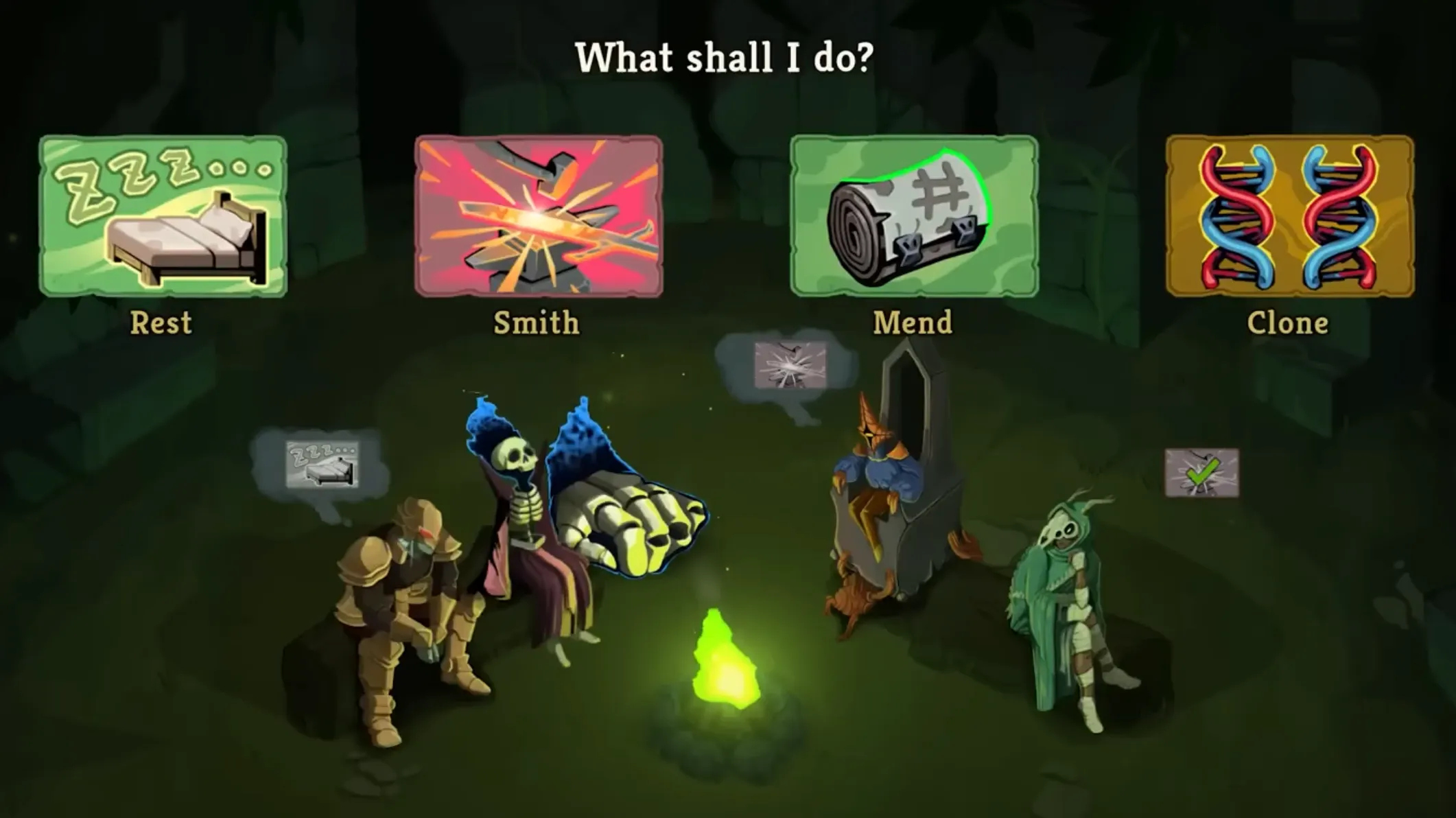 Co-op campfire — players making independent choices at a shared rest site